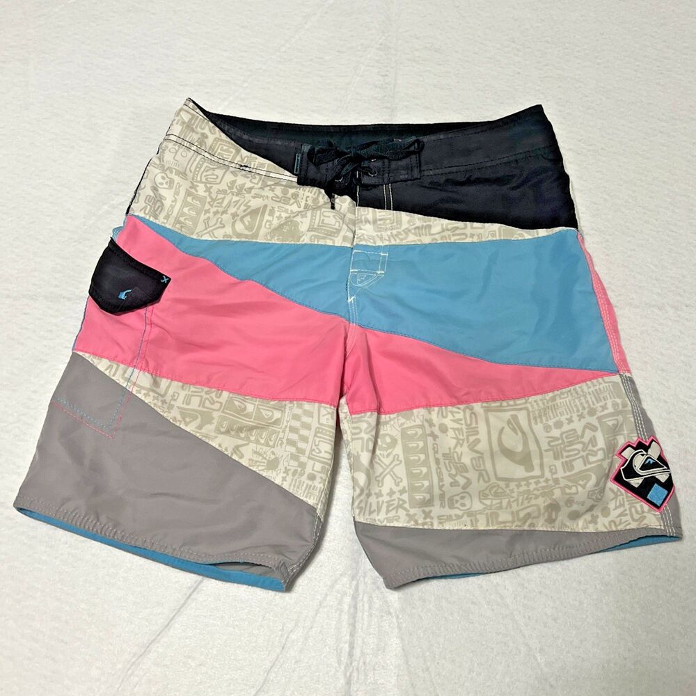 Vintage Y2K Quiksilver Board Shorts Colorblock Neon Pink Blue Black Draw Mens 32